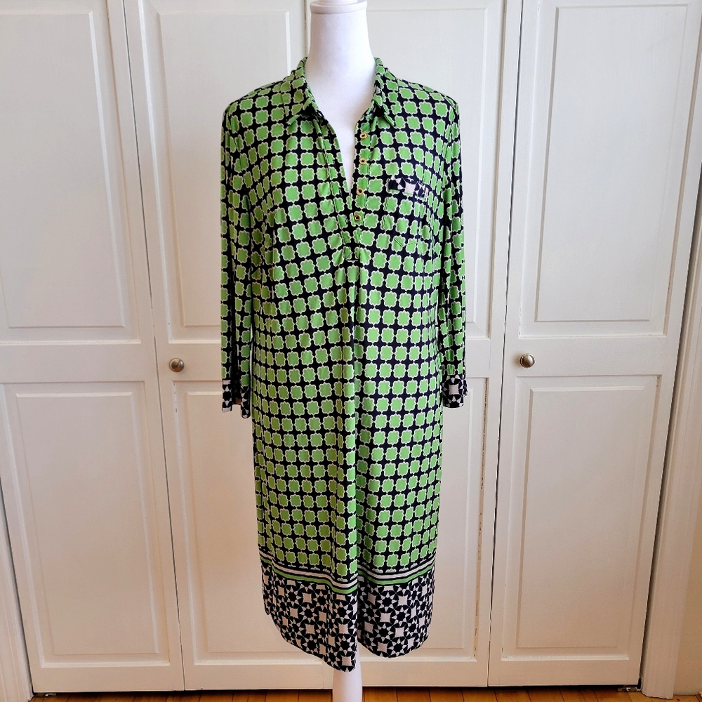Donna Morgan Green and Black Geometric Midi Shirt Dress